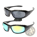 Black-framed polarized windproof sport riding sunglasses with mirrored gray and gradient blue-to-yellow lenses