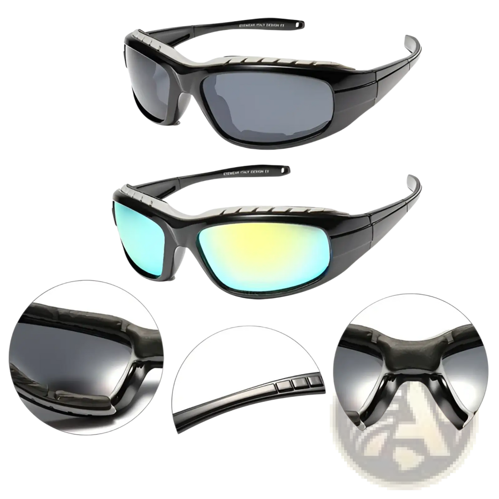 Two pairs of polarized windproof sport riding sunglasses with black rugged frames and gradient gray and iridescent blue-yellow lenses