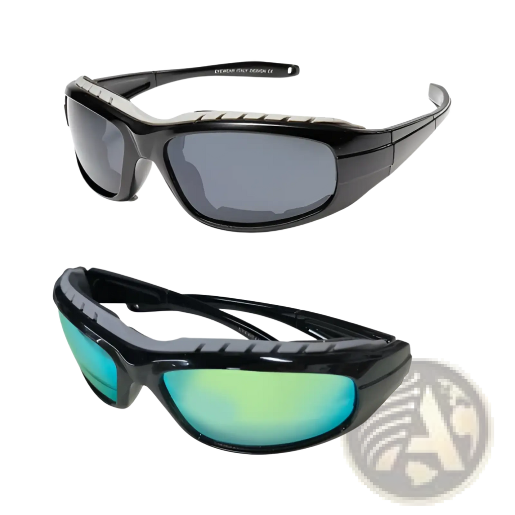 Two pair polarized windproof sport riding sunglasses with black glossy frames and gradient mirrored dark gray and teal lenses
