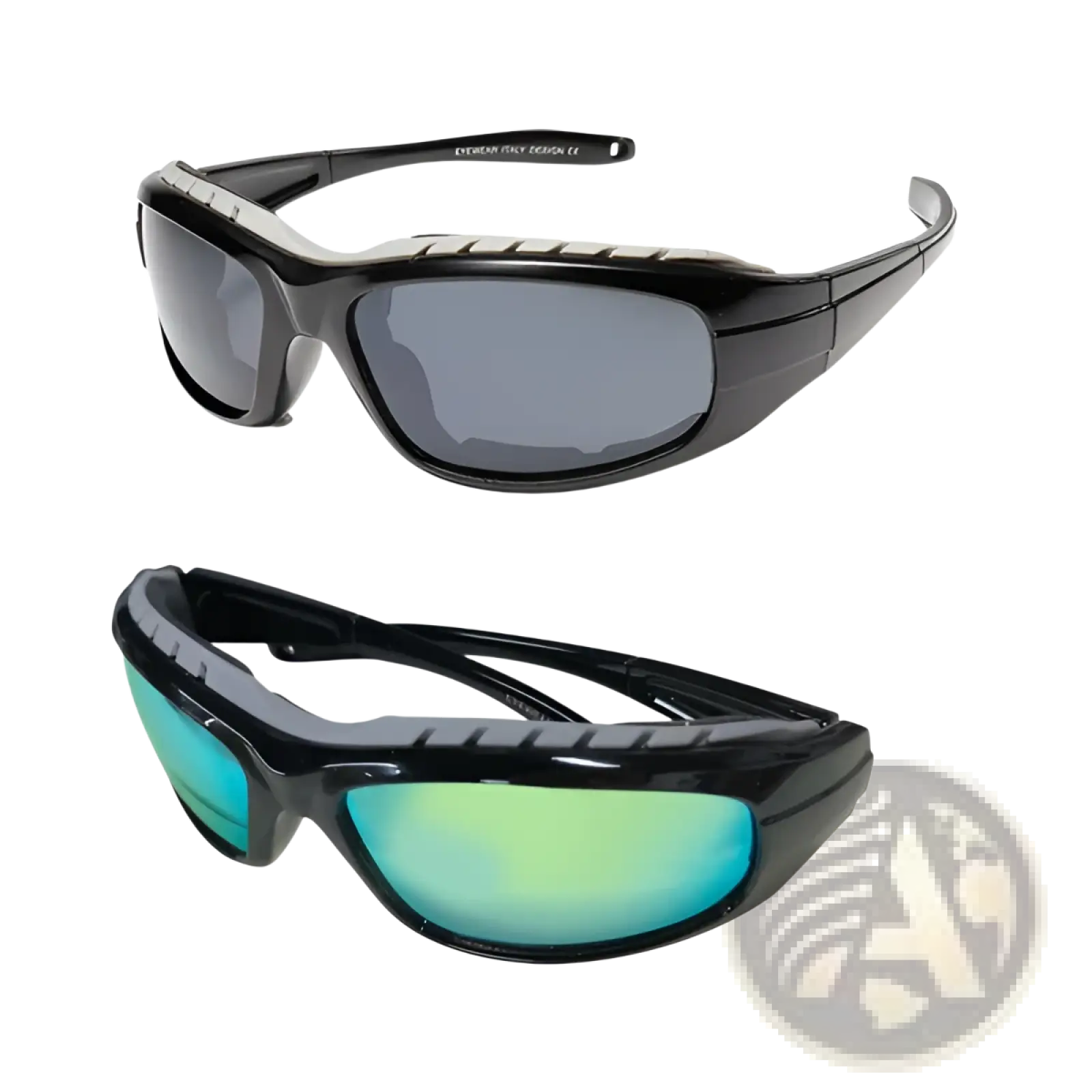 Two pair polarized windproof sport riding sunglasses with black glossy frames and gradient mirrored dark gray and teal lenses