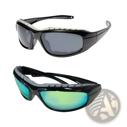 Two pair polarized windproof sport riding sunglasses with black glossy frames and gradient mirrored dark gray and teal lenses