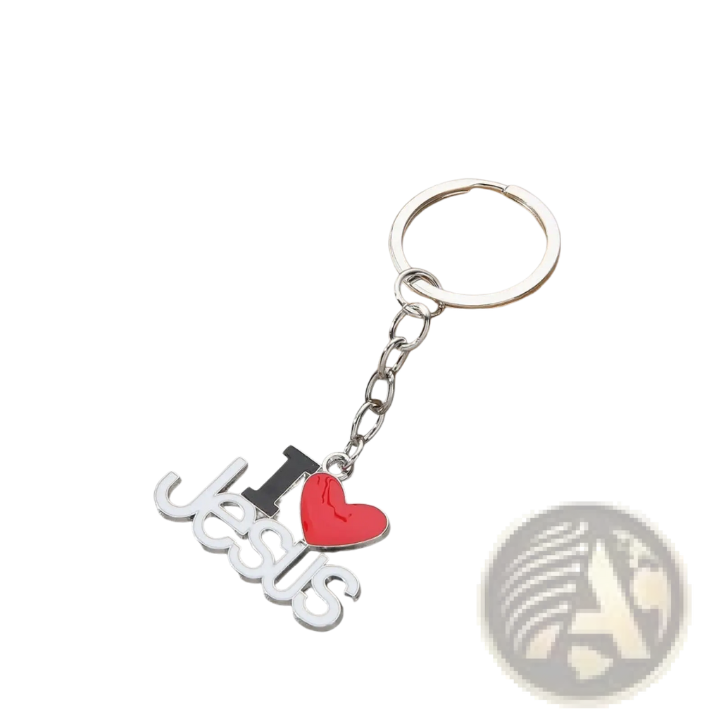 Silver religious keychain with i heart jesus charm featuring white lettering black i and red heart in 2-piece set