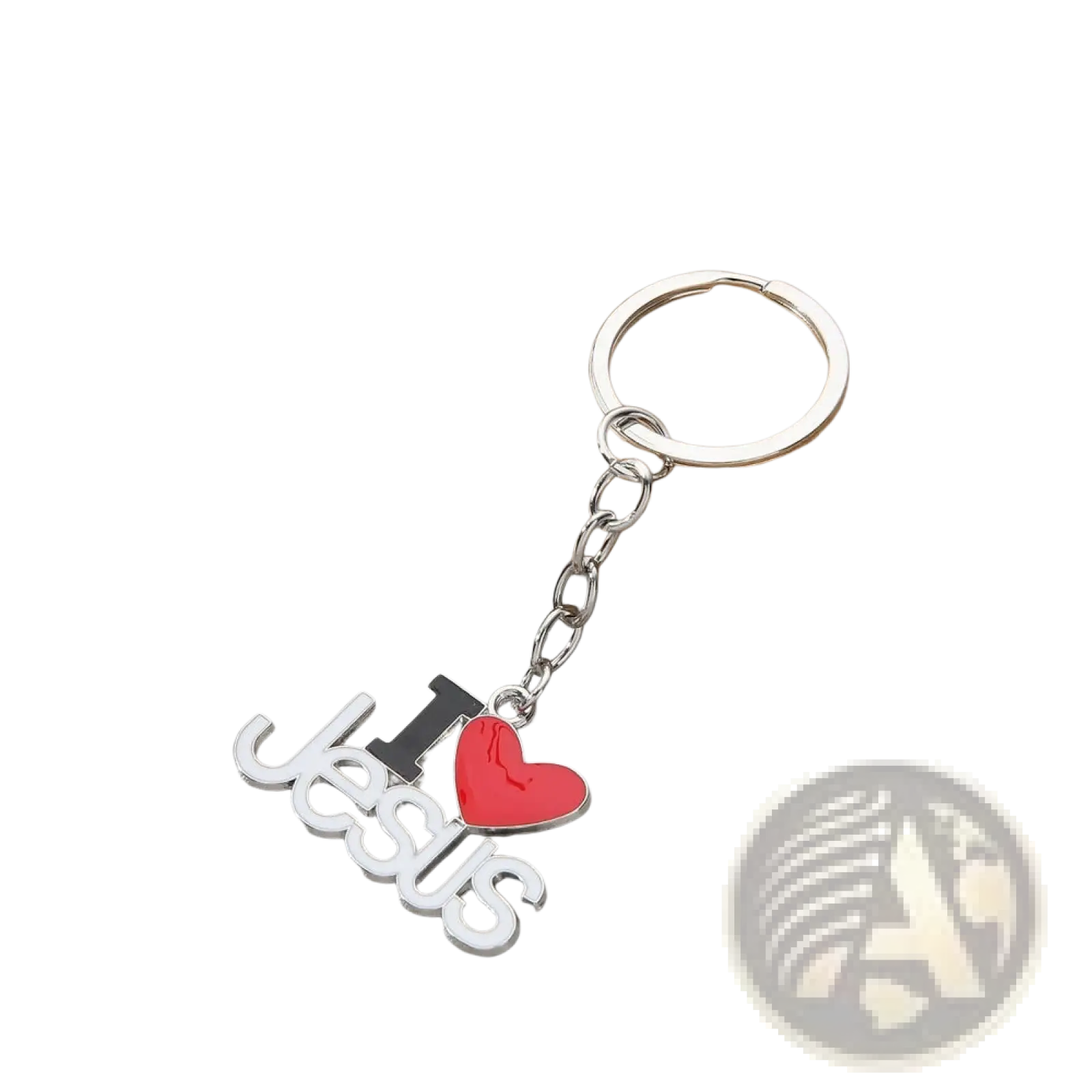 Silver religious keychain with i heart jesus charm featuring white lettering black i and red heart in 2-piece set