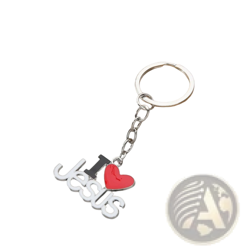 Silver religious keychain with i heart jesus charm featuring white lettering black i and red heart in 2-piece set