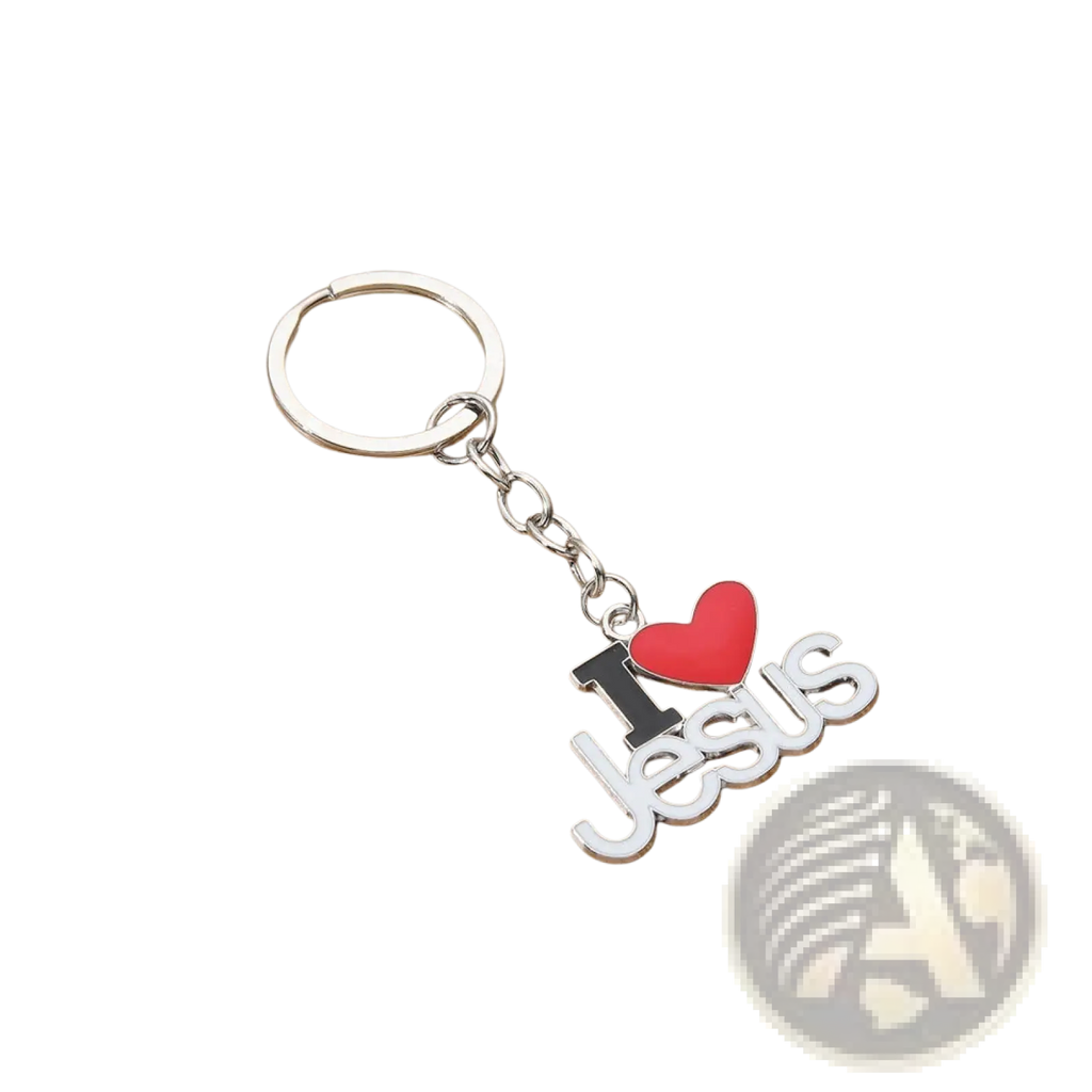 Silver metal keychain with red heart i heart jesus charm featuring black and white lettering in a 2-piece set