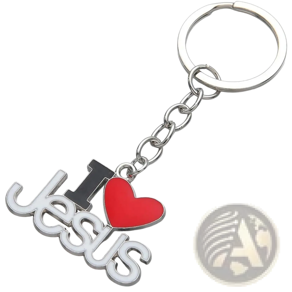 Silver and red metallic i heart jesus keychain from a 2-piece silver religious keychain set