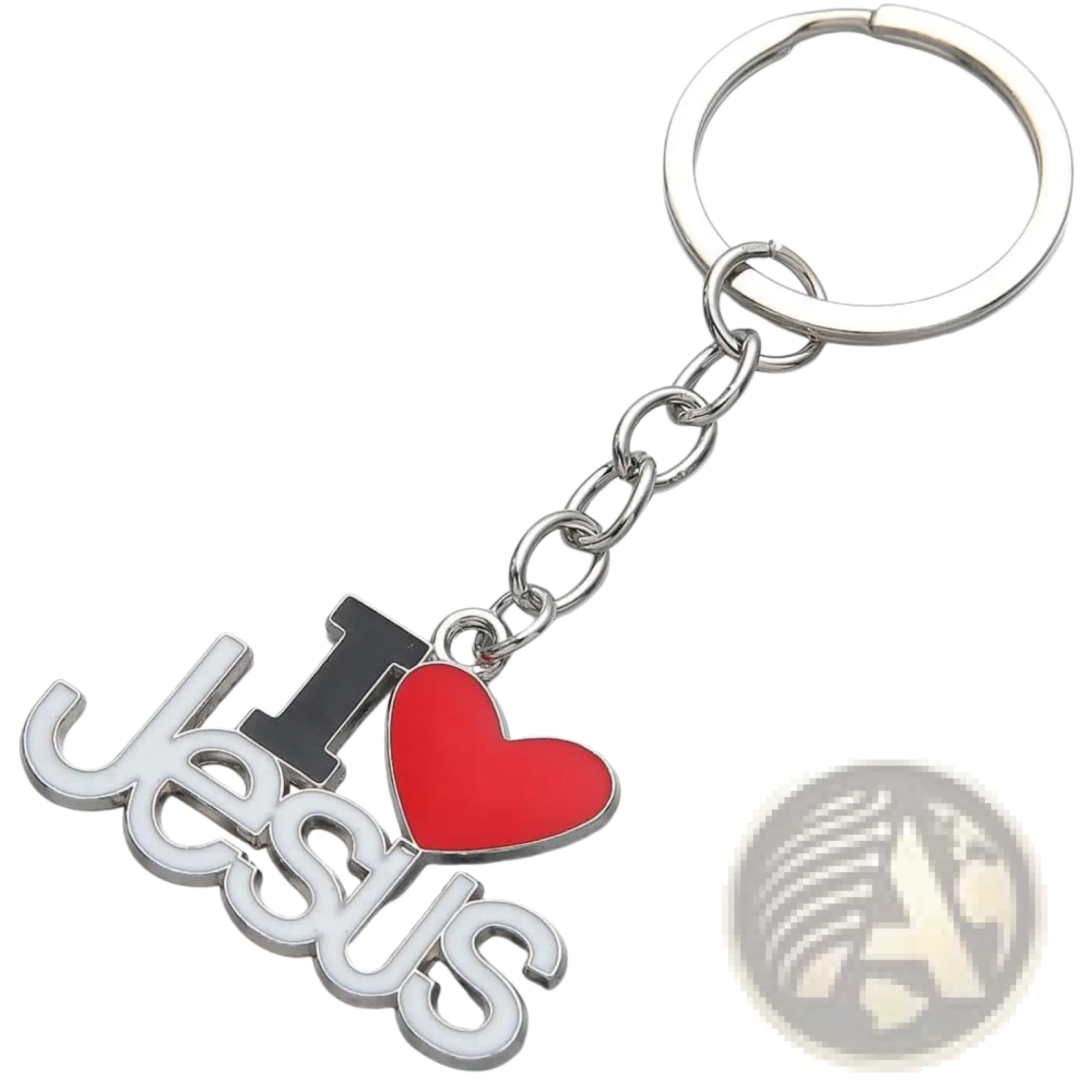 Silver and red metallic i heart jesus keychain from a 2-piece silver religious keychain set
