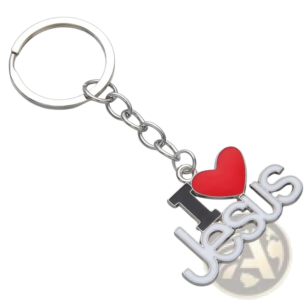 Silver metal keychain set with red heart and i heart jesus charm perfect for religious gifts and daily use