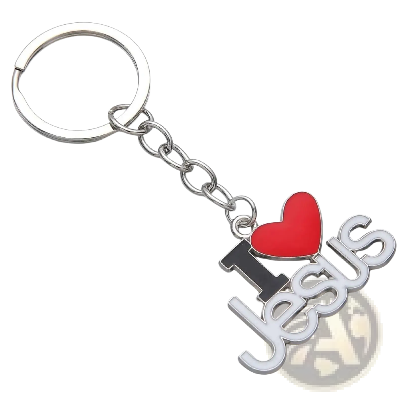 Silver metal keychain set with red heart and i heart jesus charm perfect for religious gifts and daily use