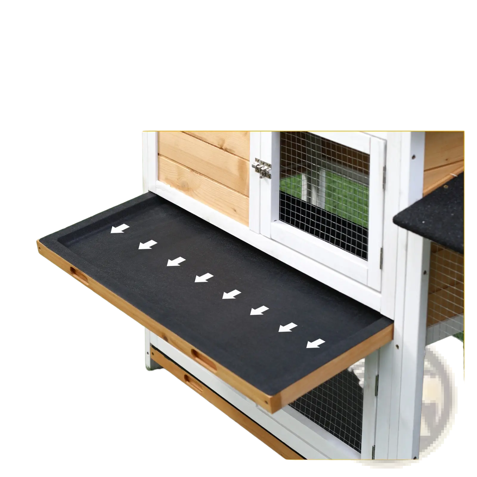 Two story wooden rabbit hutch featuring a black slide out tray for easy cleaning and a wooden ramp