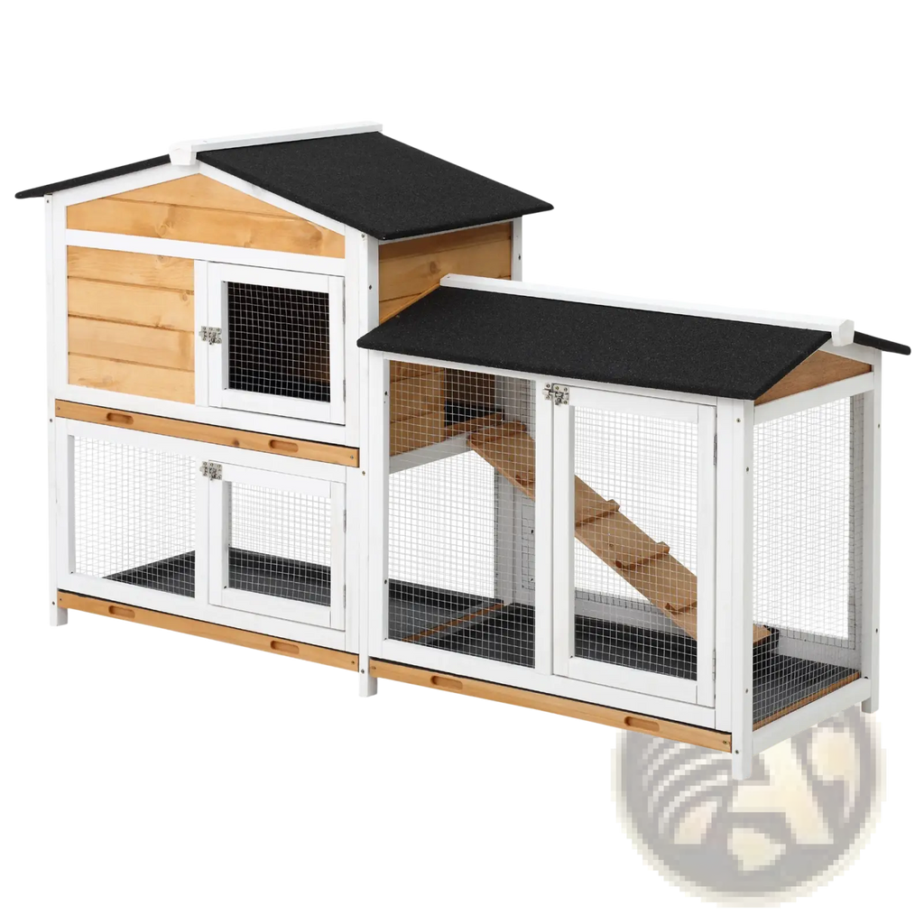 Two-level wooden rabbit hutch with white frame black roof panels and wire mesh sides featuring a ramp