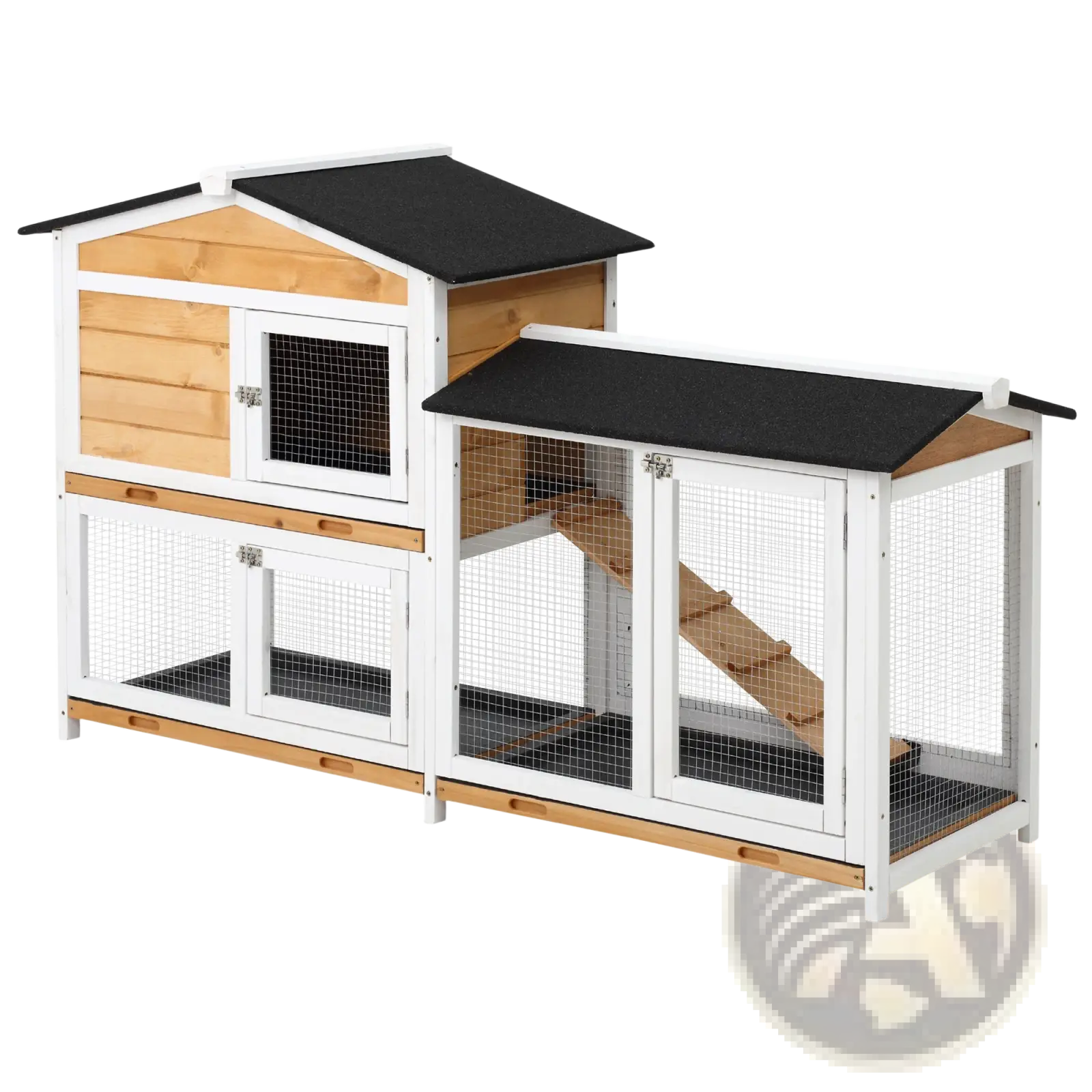 Two-level wooden rabbit hutch with white frame black roof panels and wire mesh sides featuring a ramp