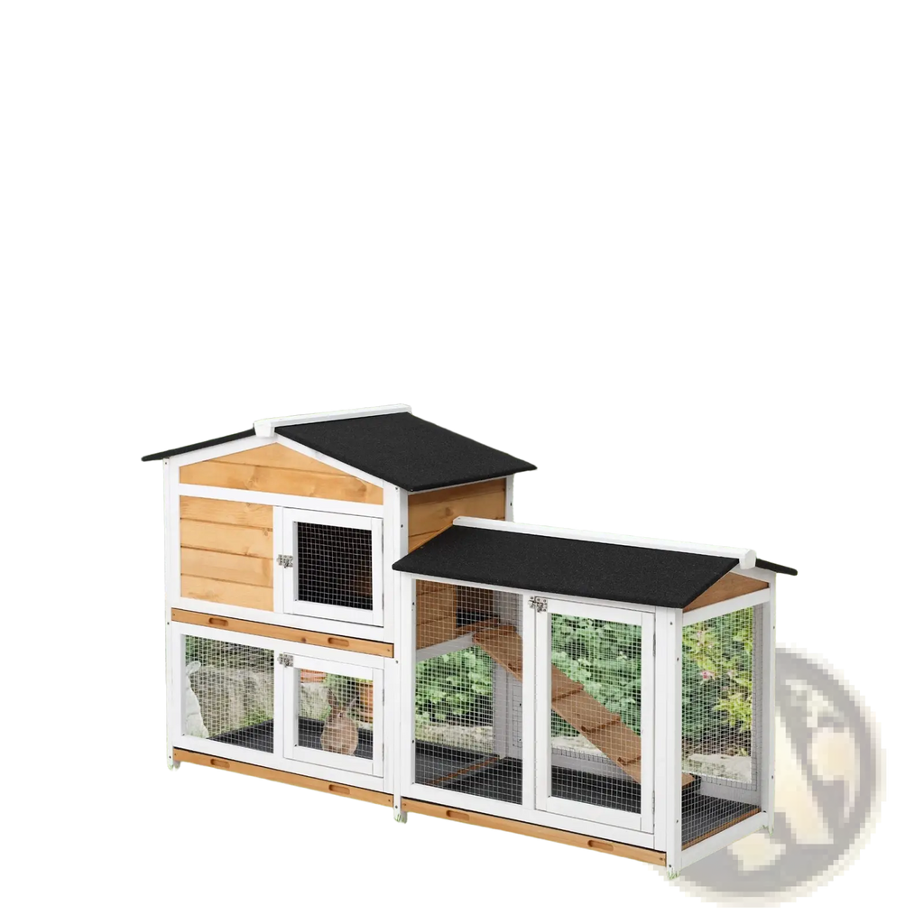 Two-tiered wooden rabbit hutch with white trim black roof panels and a ramp for easy access