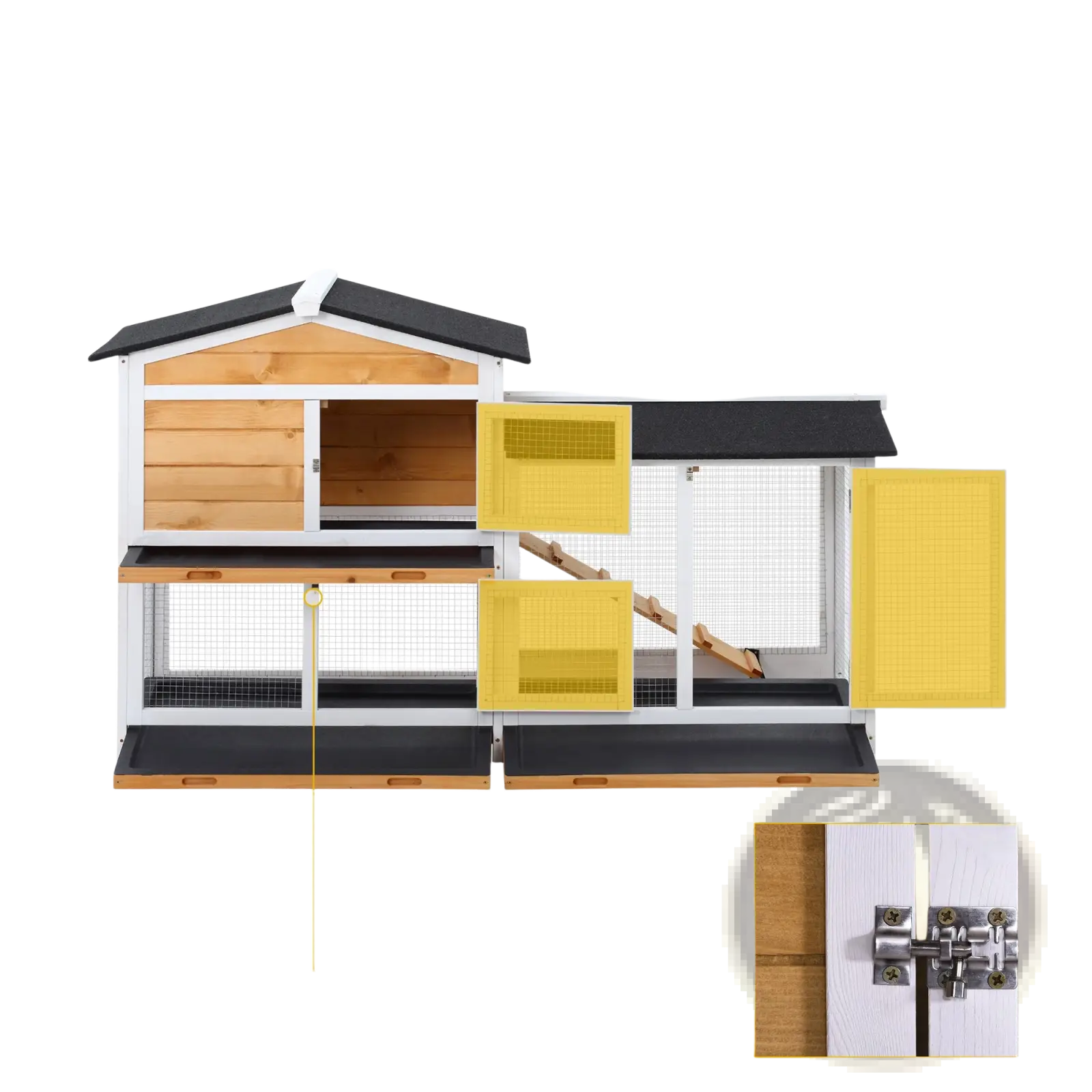 Two-tone wooden and wire 2 story rabbit hutch with ramp and three lockable doors for secure pet housing