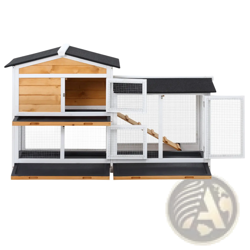 Two-tone wooden and wire two story rabbit hutch with ramp and black roof panels for outdoor use