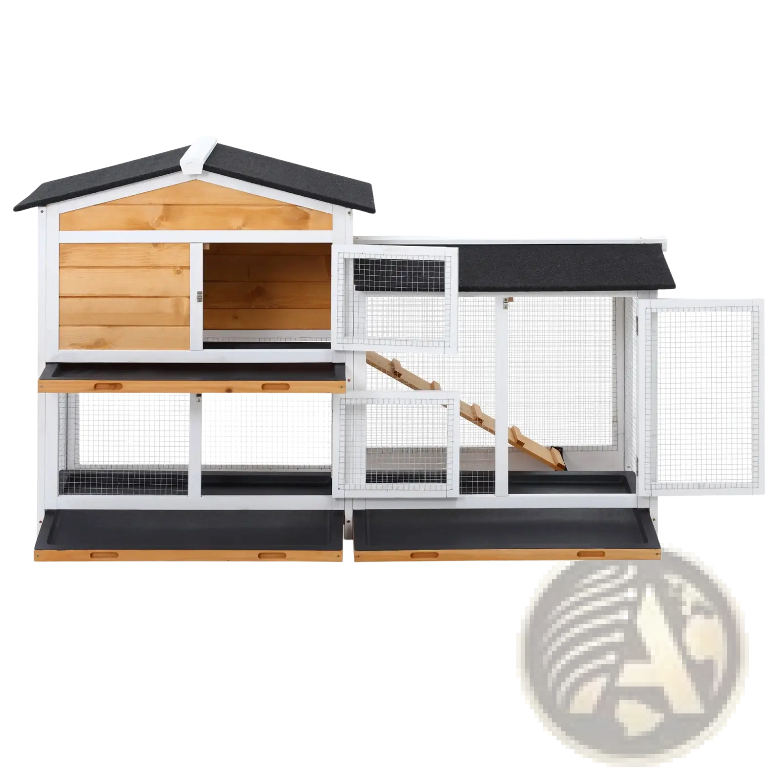 Two-tone wooden and wire two story rabbit hutch with ramp and black roof panels for outdoor use