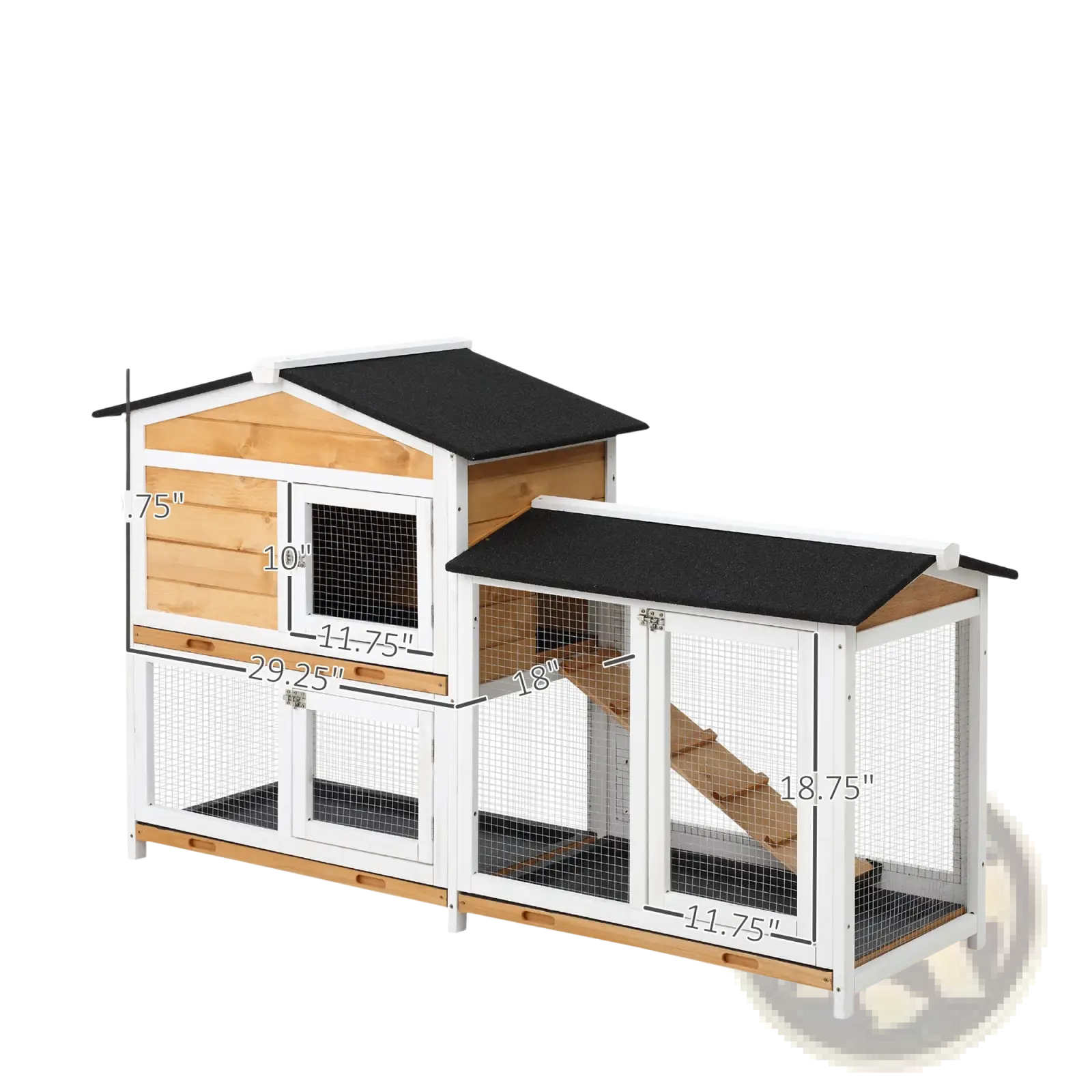 Two story wooden rabbit hutch with ramp featuring white and light wood panels black roof and wire mesh sides