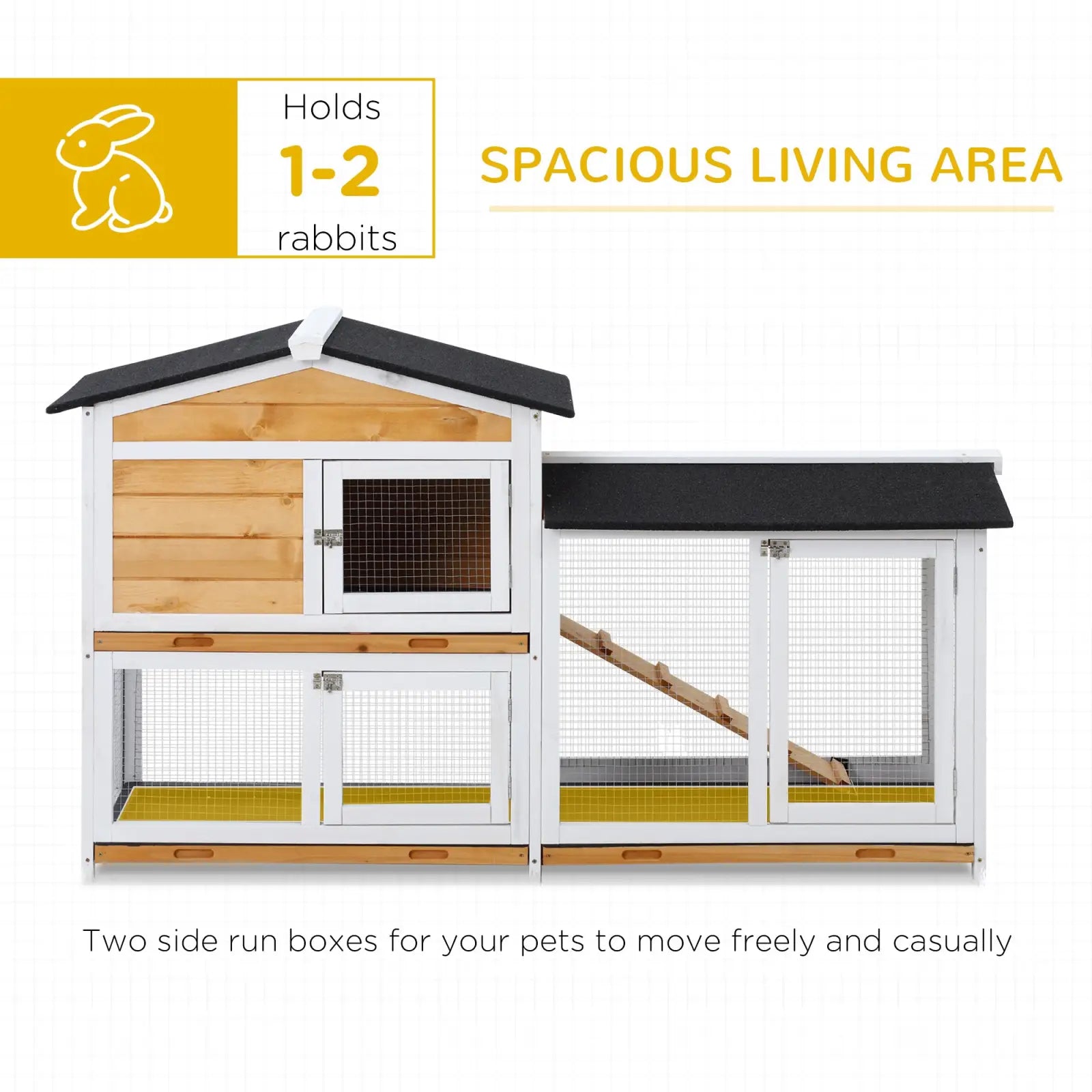 Two story wooden rabbit hutch with ramp featuring white and light wood structure with black roof and wire mesh doors