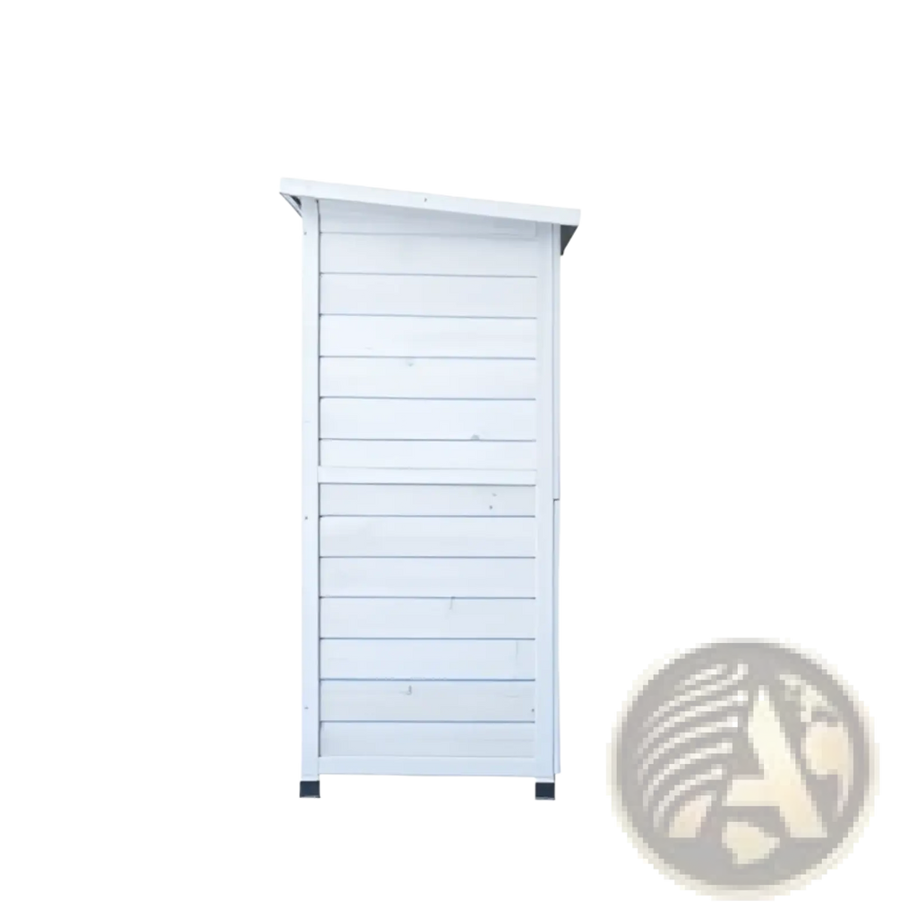 White wooden 2-story rabbit hutch with slatted siding, sloped roof, run, and removable trays for outdoor use