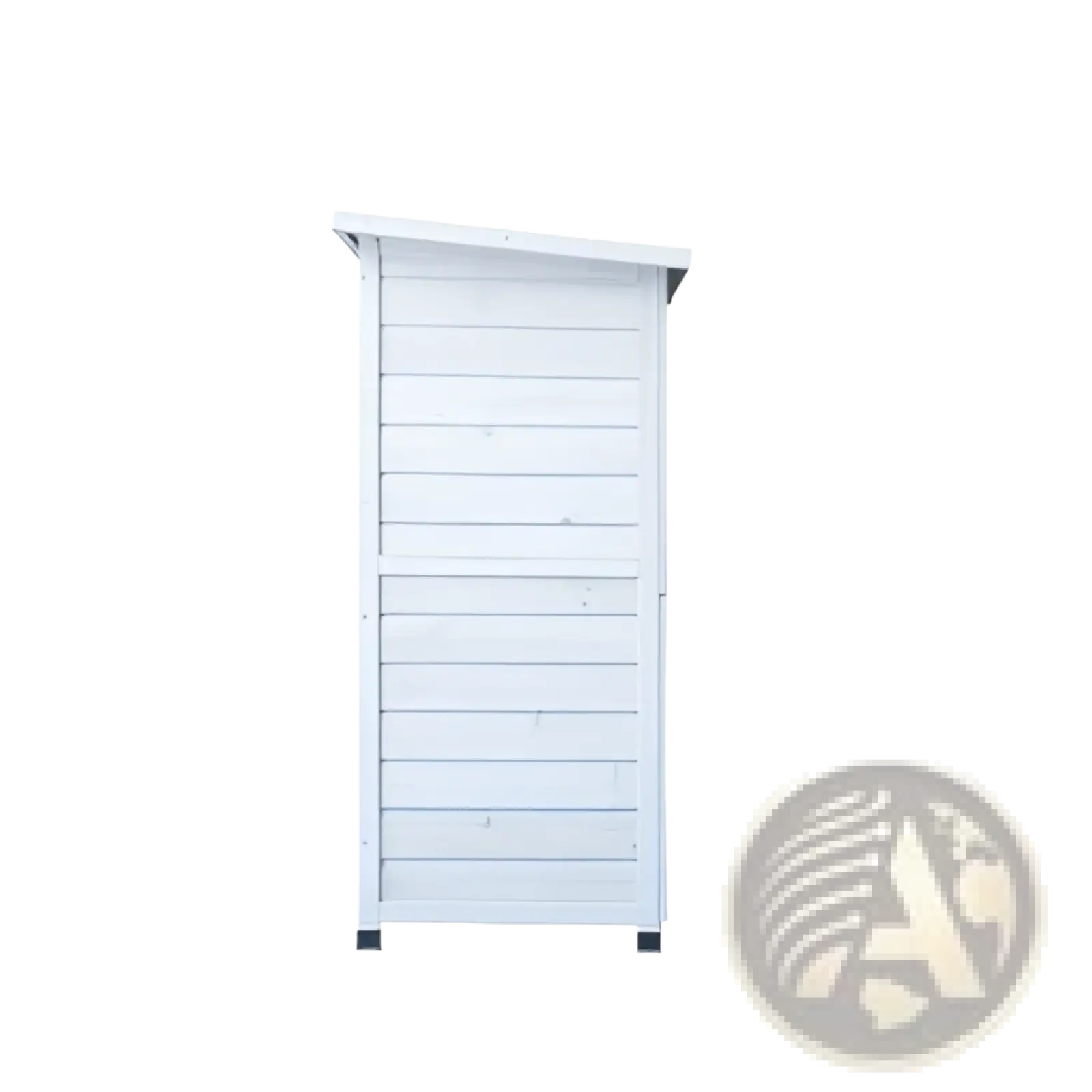 White wooden 2-story rabbit hutch with slatted siding, sloped roof, run, and removable trays for outdoor use