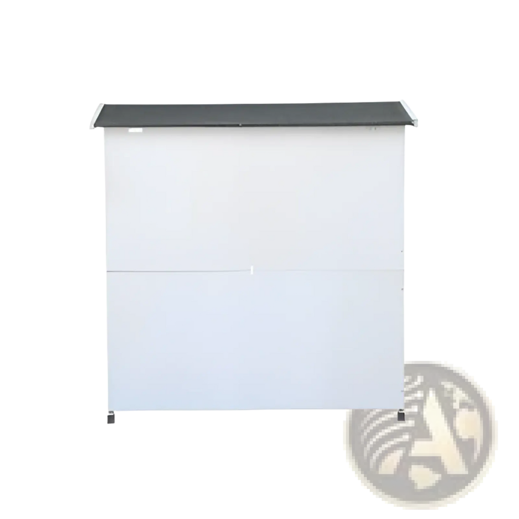 White wooden 2-story rabbit hutch with black roof and small feet featuring an attached outdoor run and trays