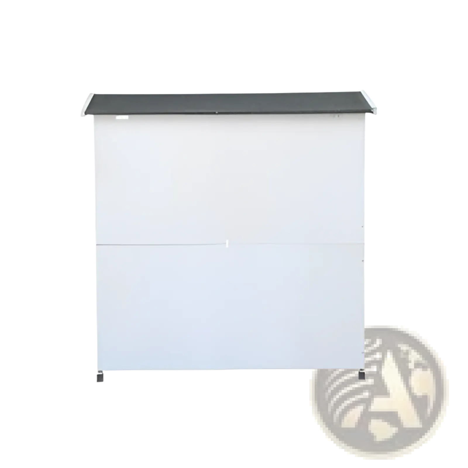 White wooden 2-story rabbit hutch with black roof and small feet featuring an attached outdoor run and trays