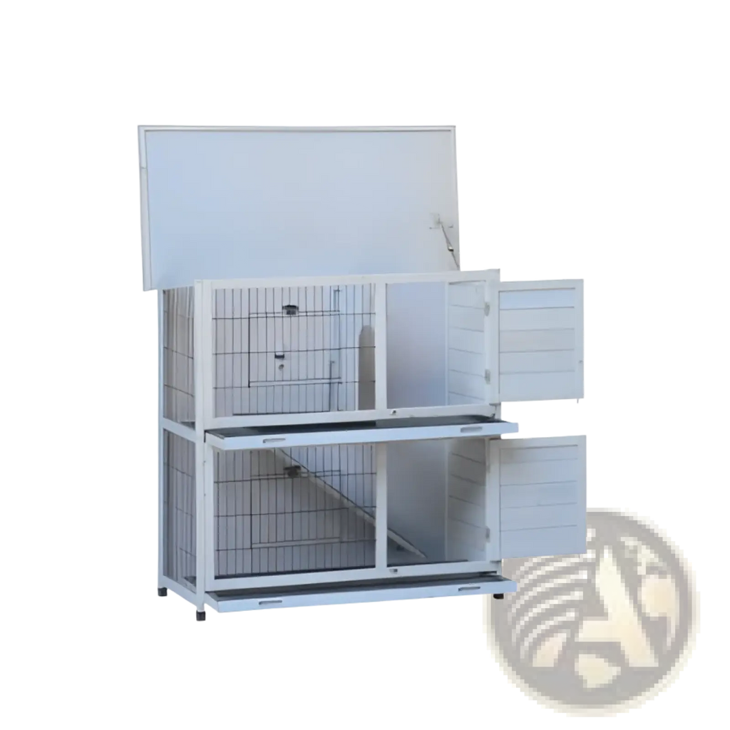 White metal two-level rabbit hutch with sliding doors and top lid for indoor or outdoor use