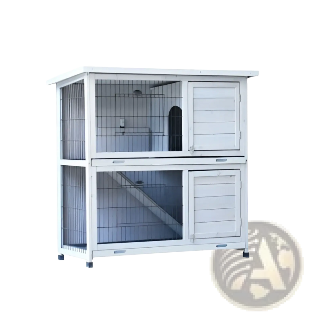 White two-level wooden rabbit hutch with wire mesh sides and wooden panel doors for pet housing and run