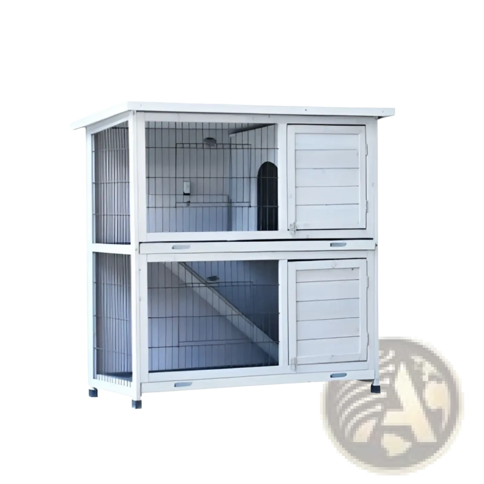 White two-level wooden rabbit hutch with wire mesh sides and wooden panel doors for pet housing and run