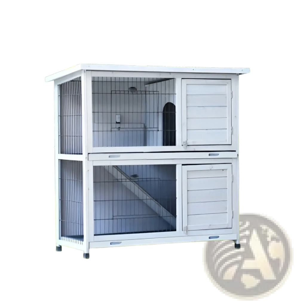 White two-level wooden rabbit hutch with wire mesh sides and trays for easy cleaning and ventilation