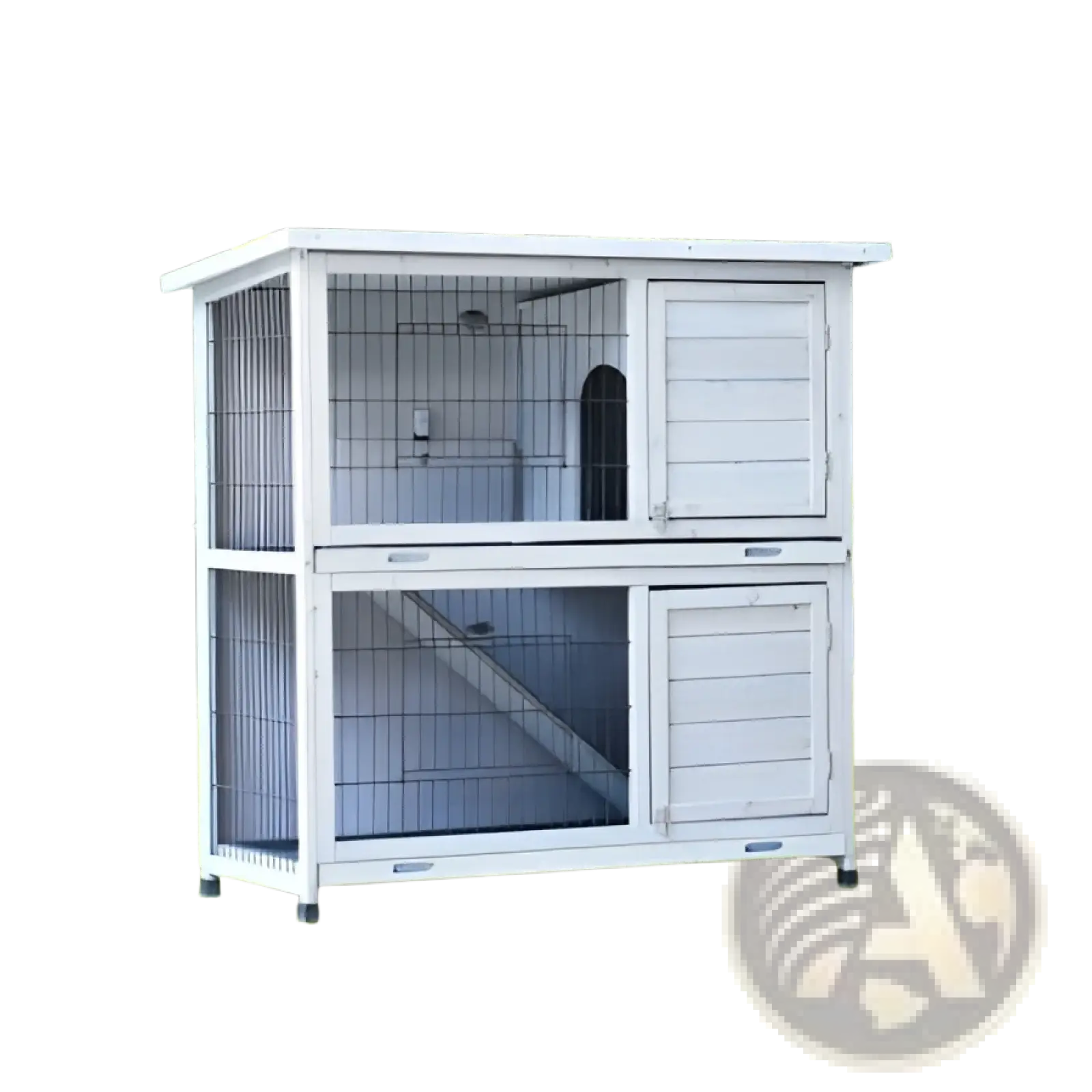 White two-level wooden rabbit hutch with wire mesh sides and trays for easy cleaning and ventilation