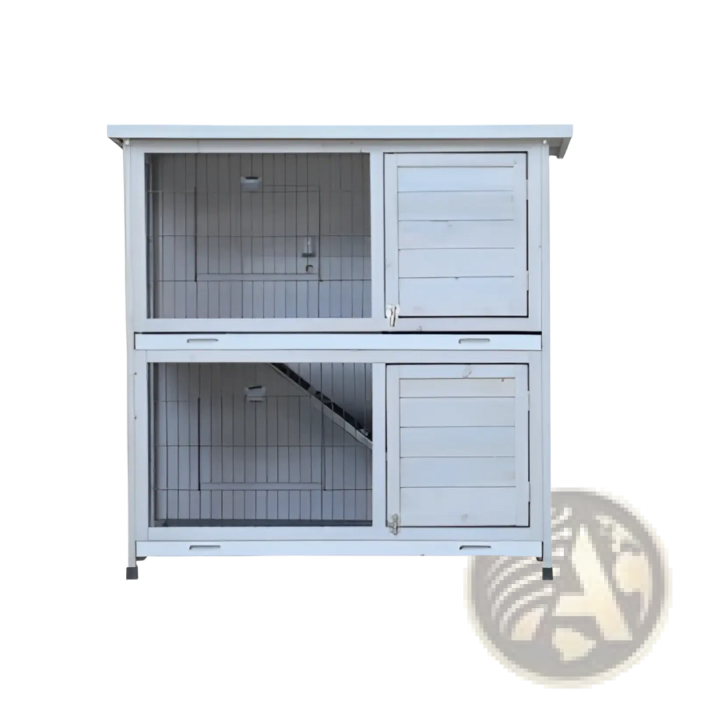 White two-level wooden rabbit hutch with wire mesh sides and slatted doors for indoor or outdoor use