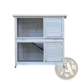White two-level wooden rabbit hutch with wire mesh sides and slatted doors for indoor or outdoor use