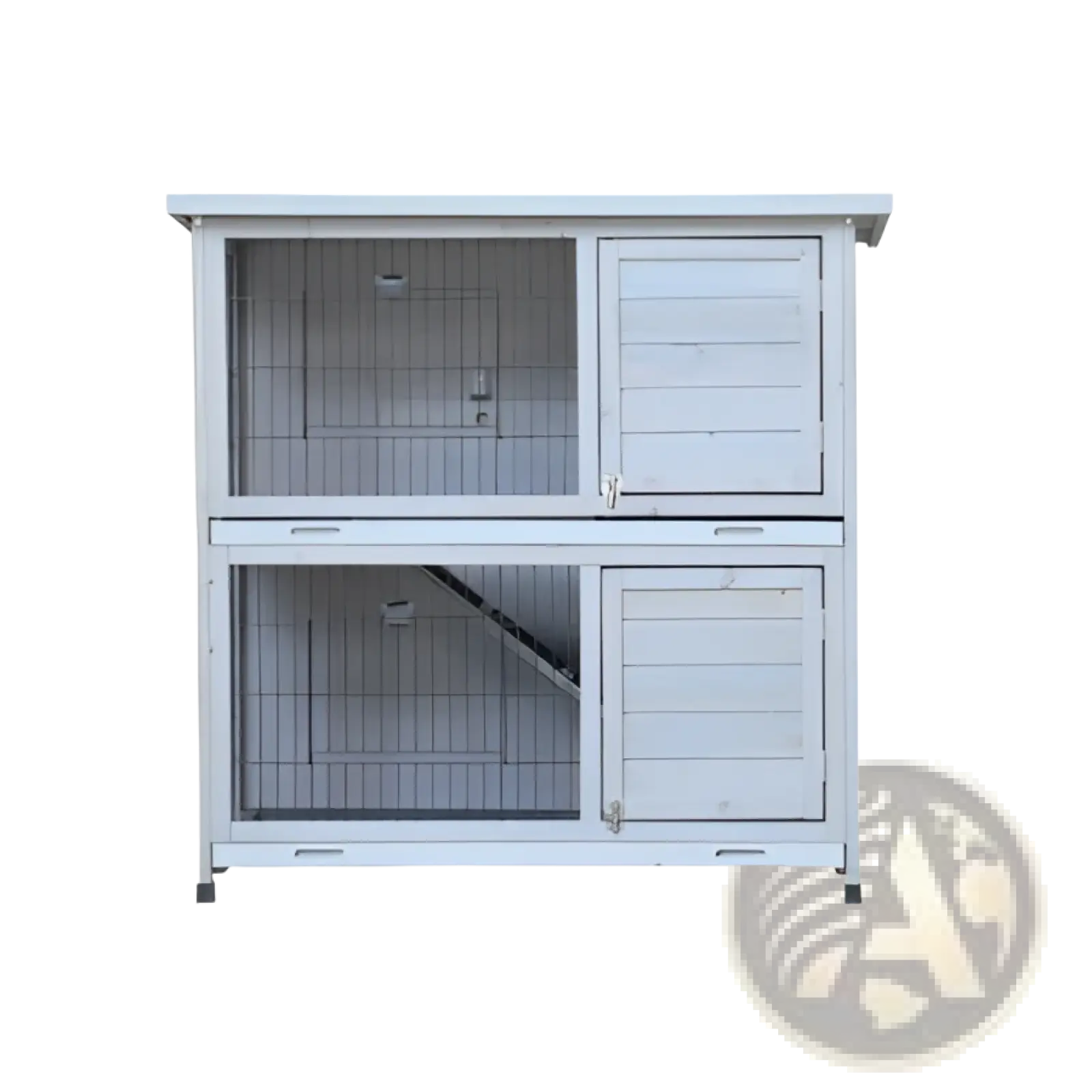 White two-level wooden rabbit hutch with wire mesh sides and slatted doors for indoor or outdoor use