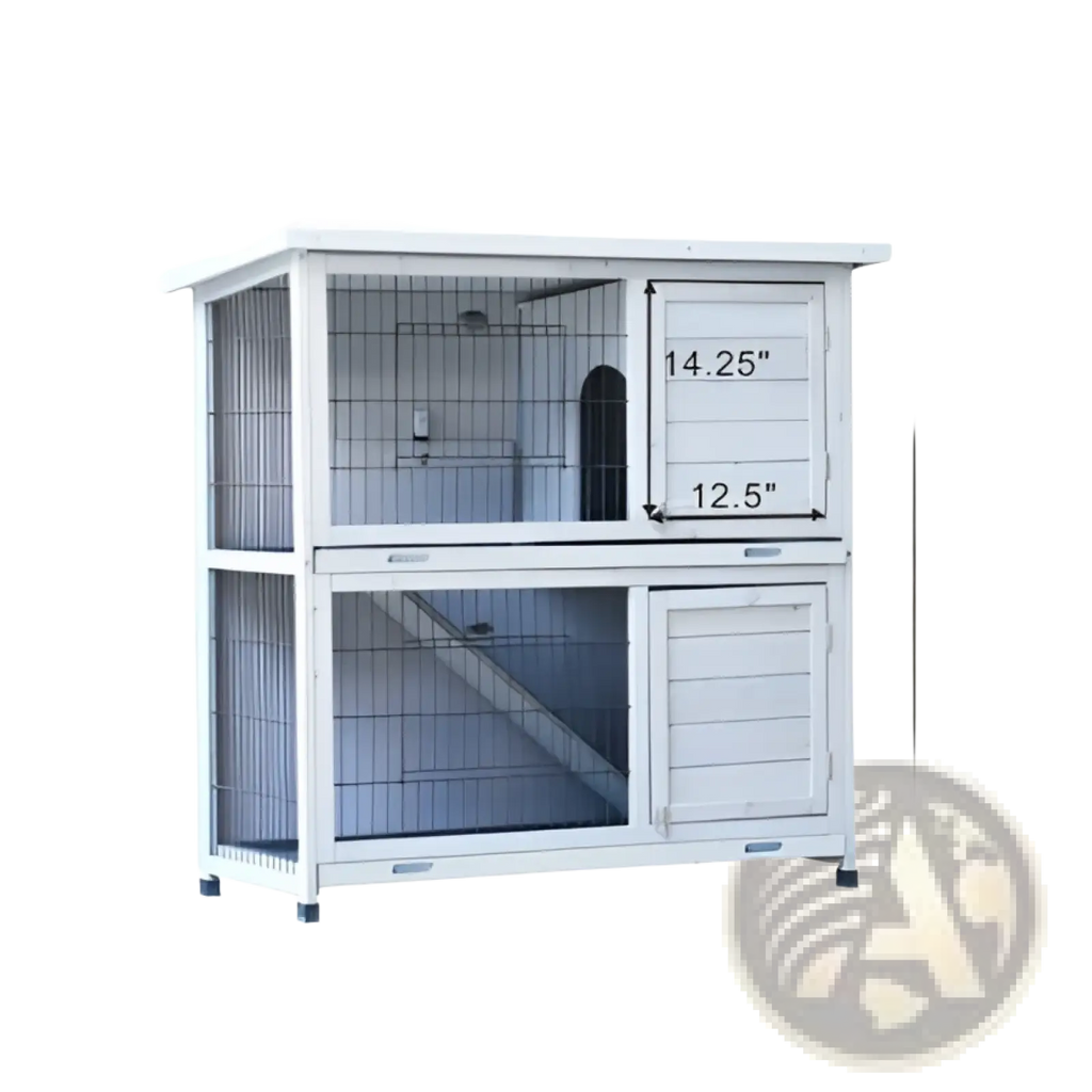 White two-level wooden rabbit hutch with wire mesh sides and slatted doors for small pet housing