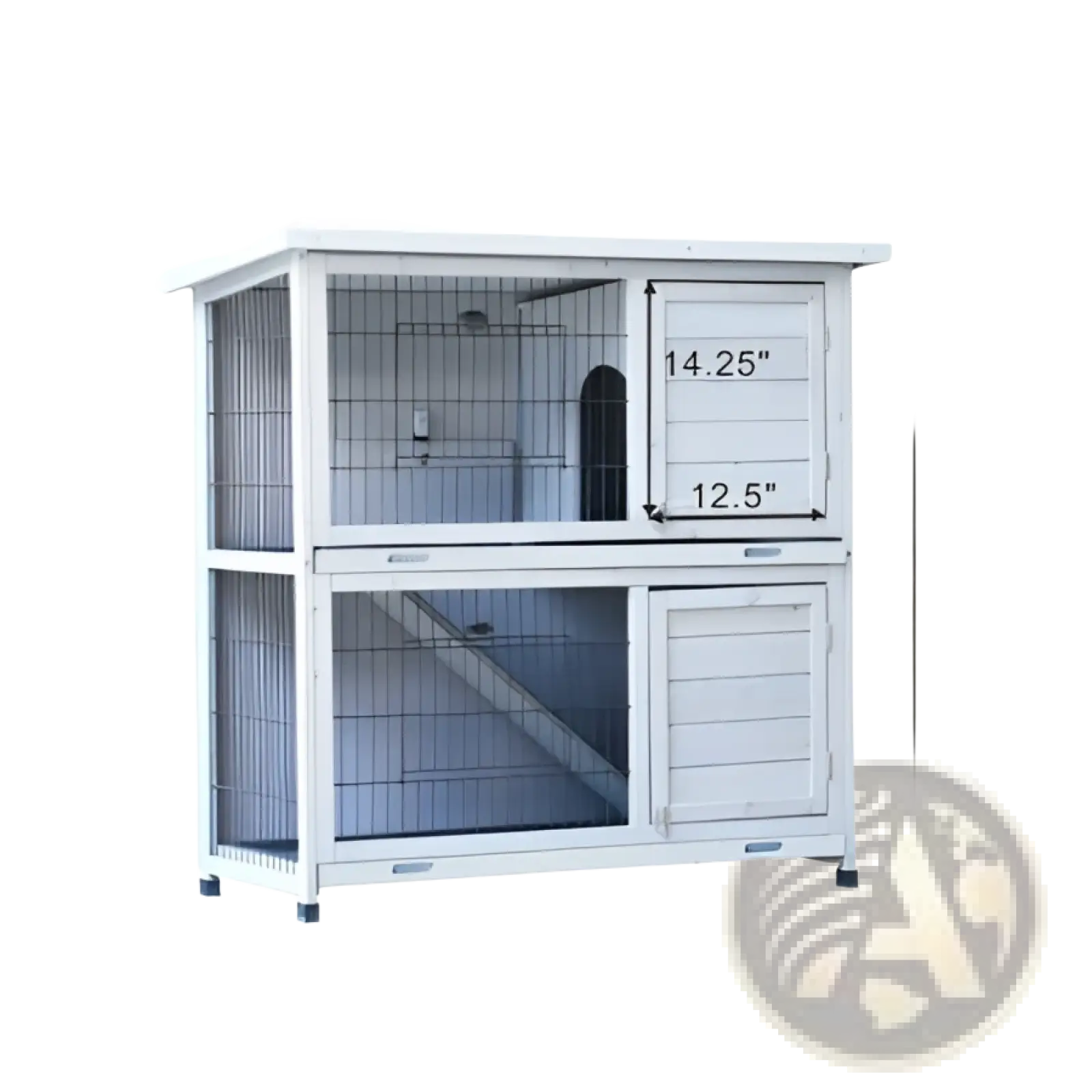 White two-level wooden rabbit hutch with wire mesh sides and slatted doors for small pet housing