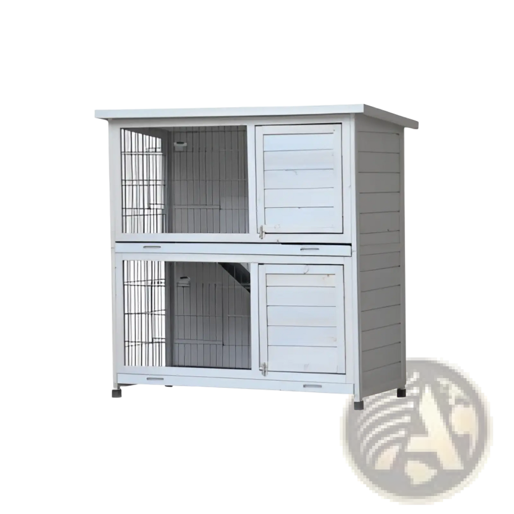 White two-level wooden rabbit hutch with wire mesh sides and slatted doors for small pets and outdoor use