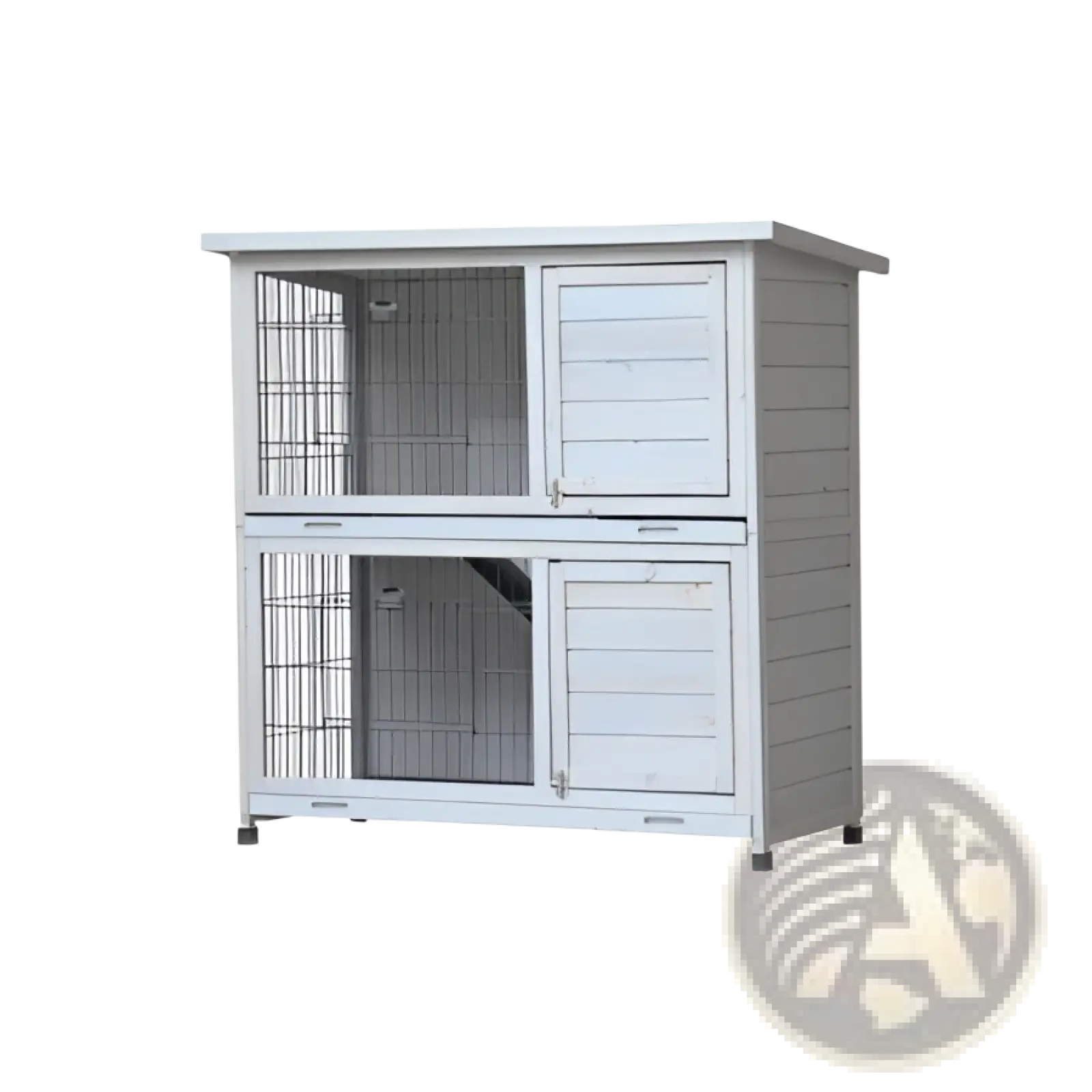 White two-level wooden rabbit hutch with wire mesh sides and slatted doors for small pets and outdoor use