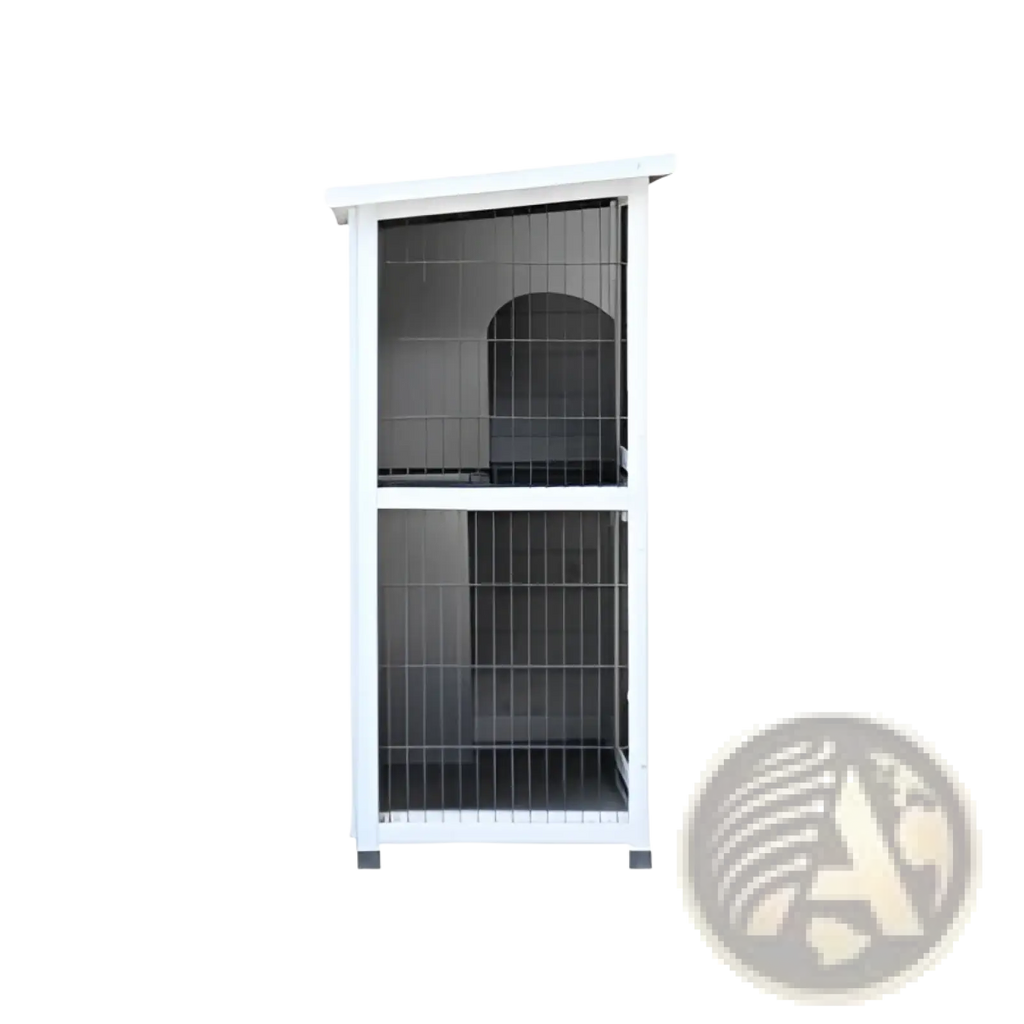 White two-level wire cage with small arched entrance on top level of 2-story wooden rabbit hutch with run and trays