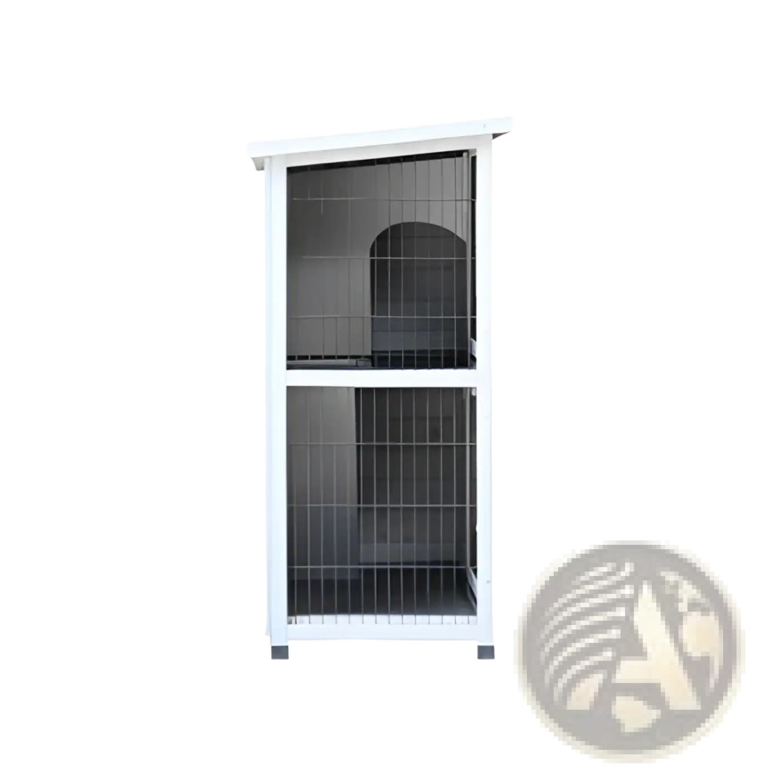 White two-level wire cage with small arched entrance on top level of 2-story wooden rabbit hutch with run and trays