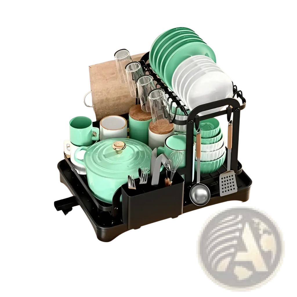 Black metal 2-tier dish drying rack with automatic drainage holding green and white dishes glassware utensils and turquoise pot