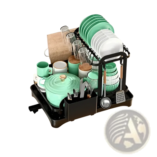 Black metal 2-tier dish drying rack with automatic drainage holding green and white dishes glassware utensils and turquoise pot