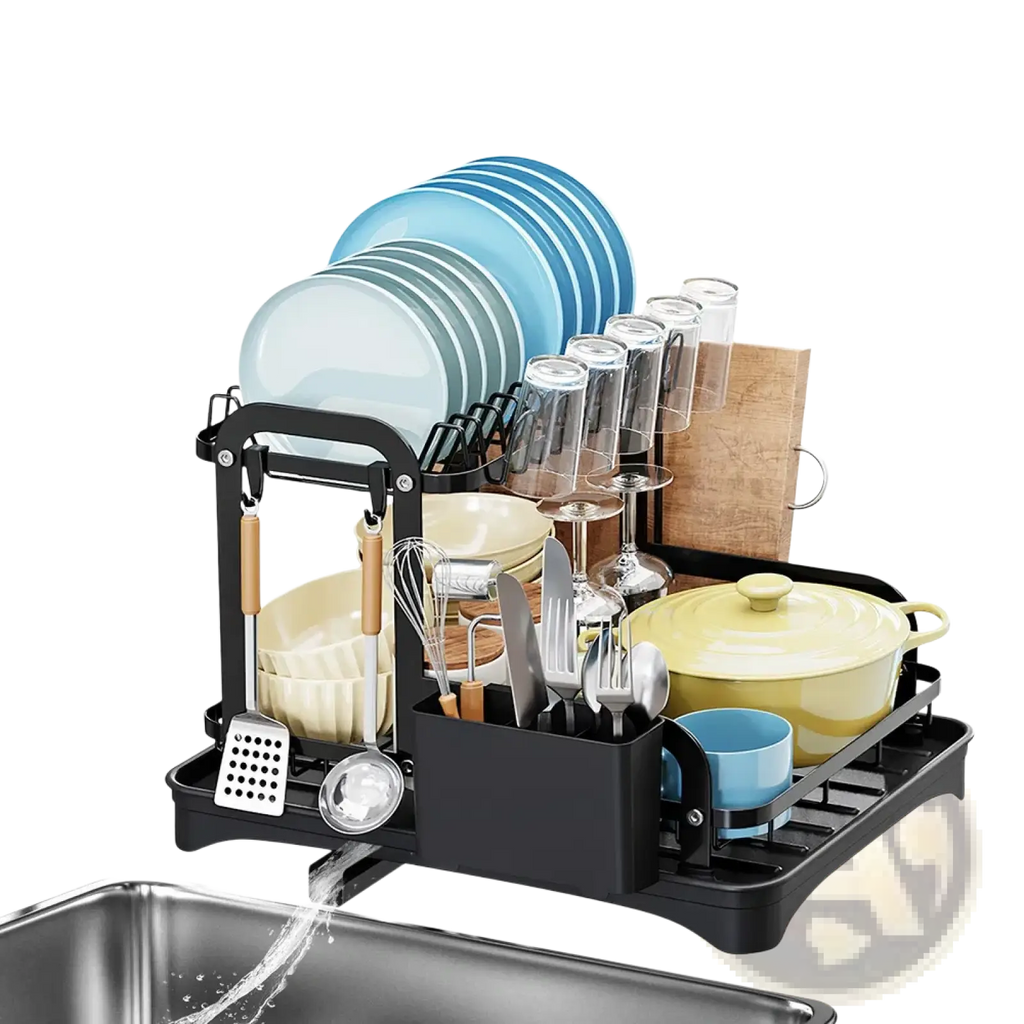 Black metal 2-tier dish drying rack with automatic drainage system holding blue and white plates glasses and utensils