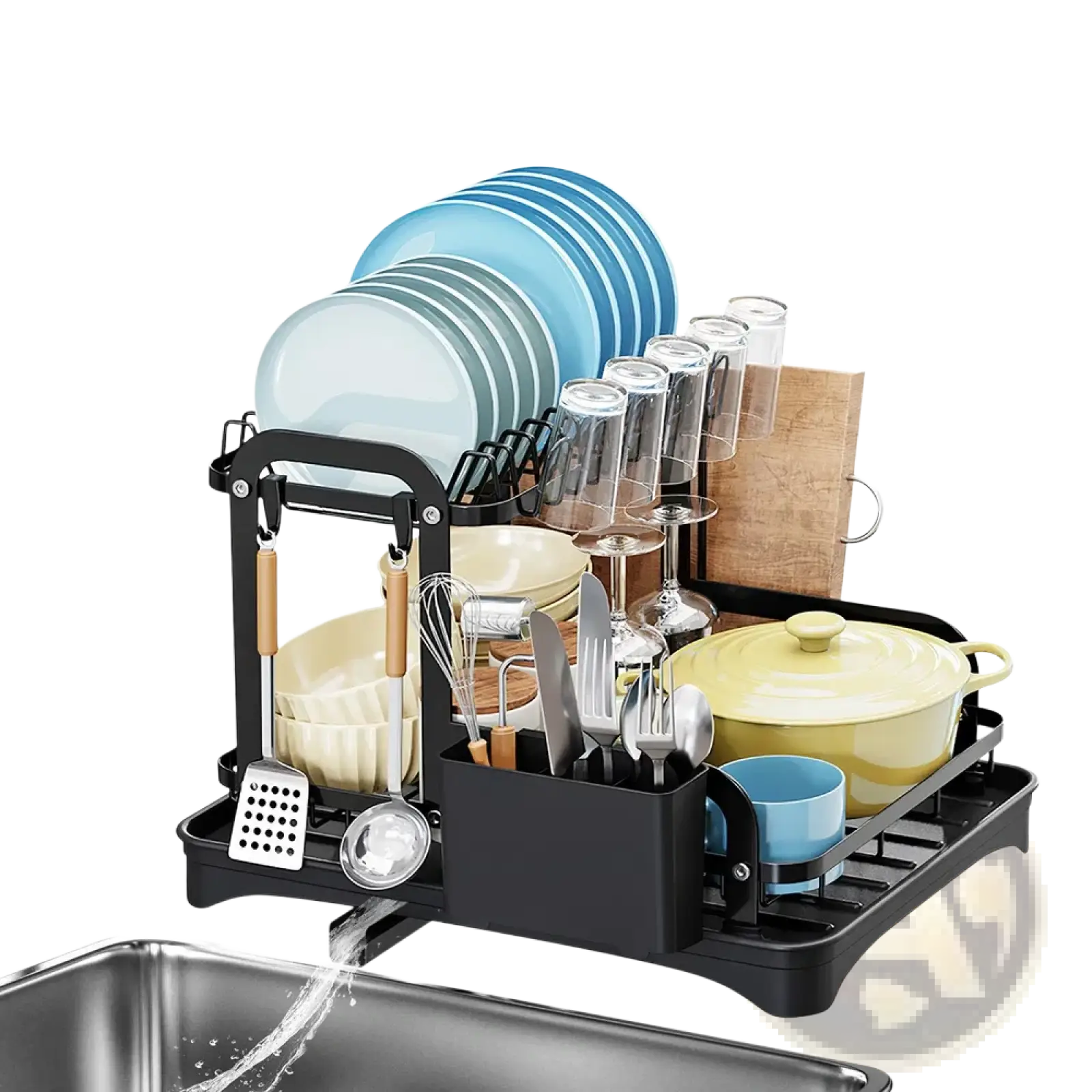 Black metal 2-tier dish drying rack with automatic drainage system holding blue and white plates glasses and utensils