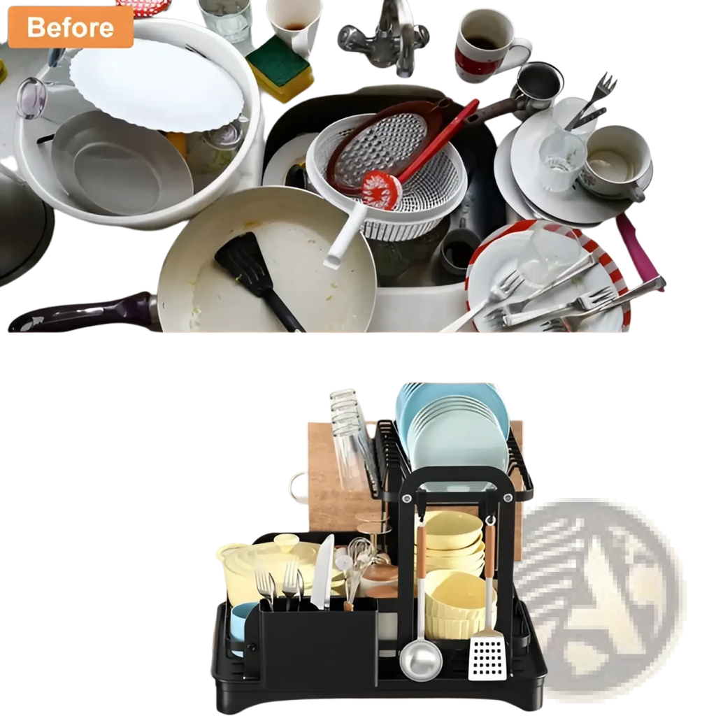 Black multi-tiered metal dish drying rack with integrated utensil holders and automatic drainage system tray