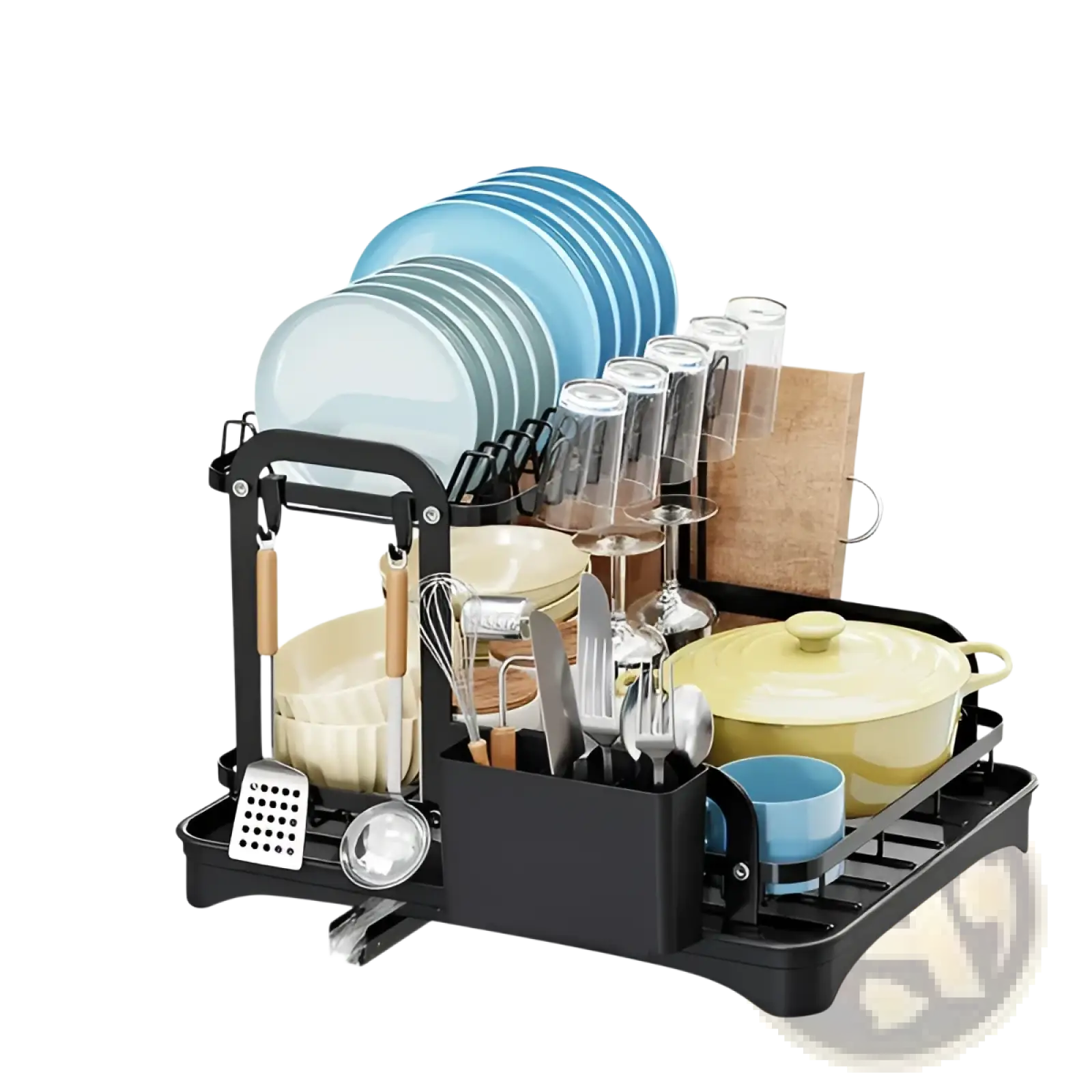 Black 2-tier dish drying rack with automatic drainage system utensil holders and draining tray for kitchen use