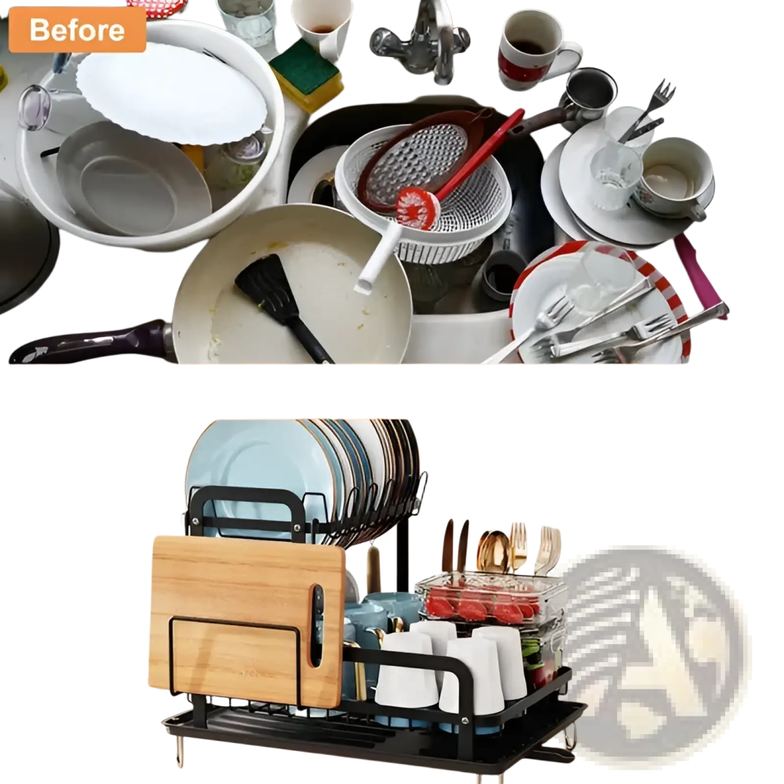 Black metal 2-tier dish drying rack with wooden cutting board attachment and drainboard for kitchen organization