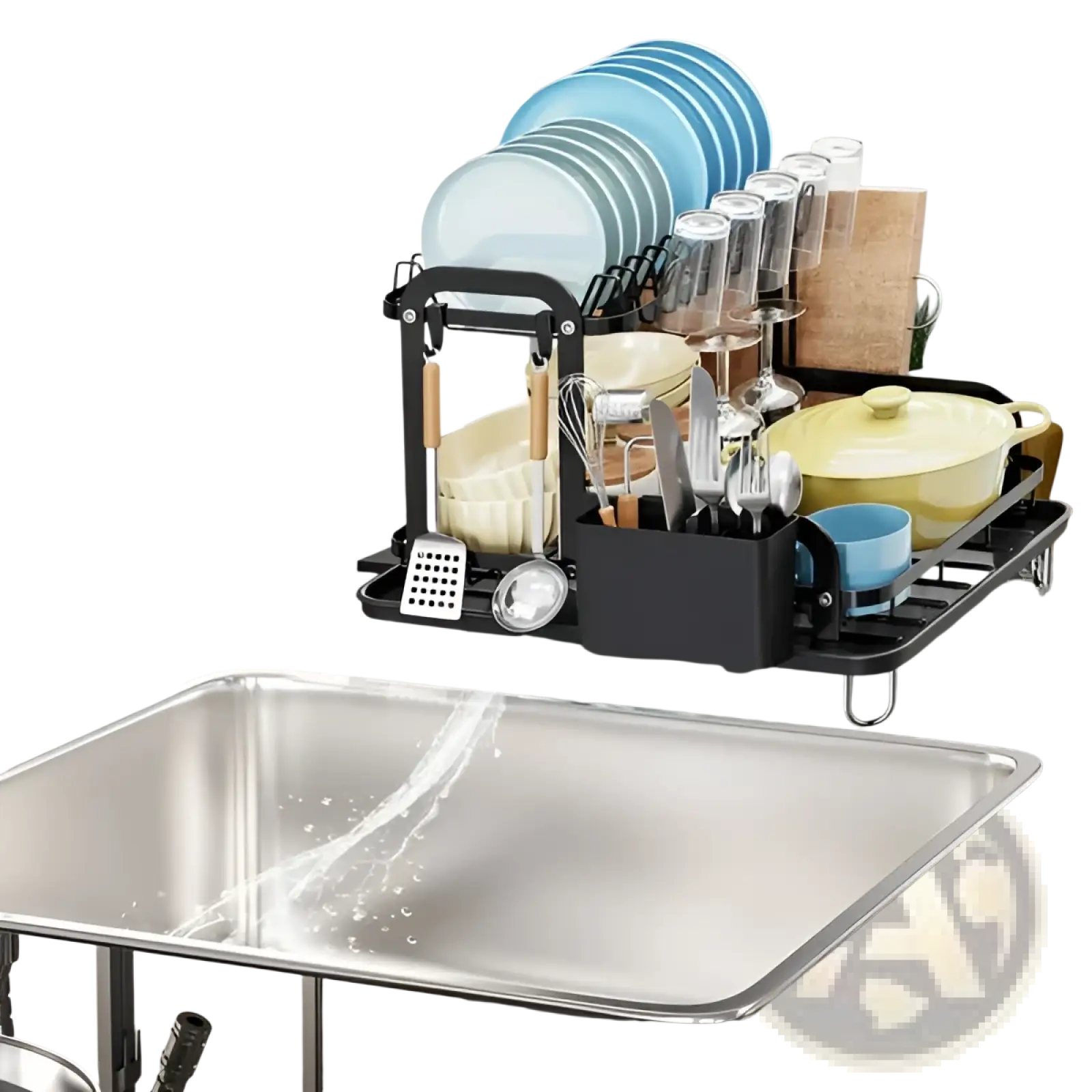 Black metal 2-tier dish drying rack with drainboard and wood board holding blue plates glassware and utensils