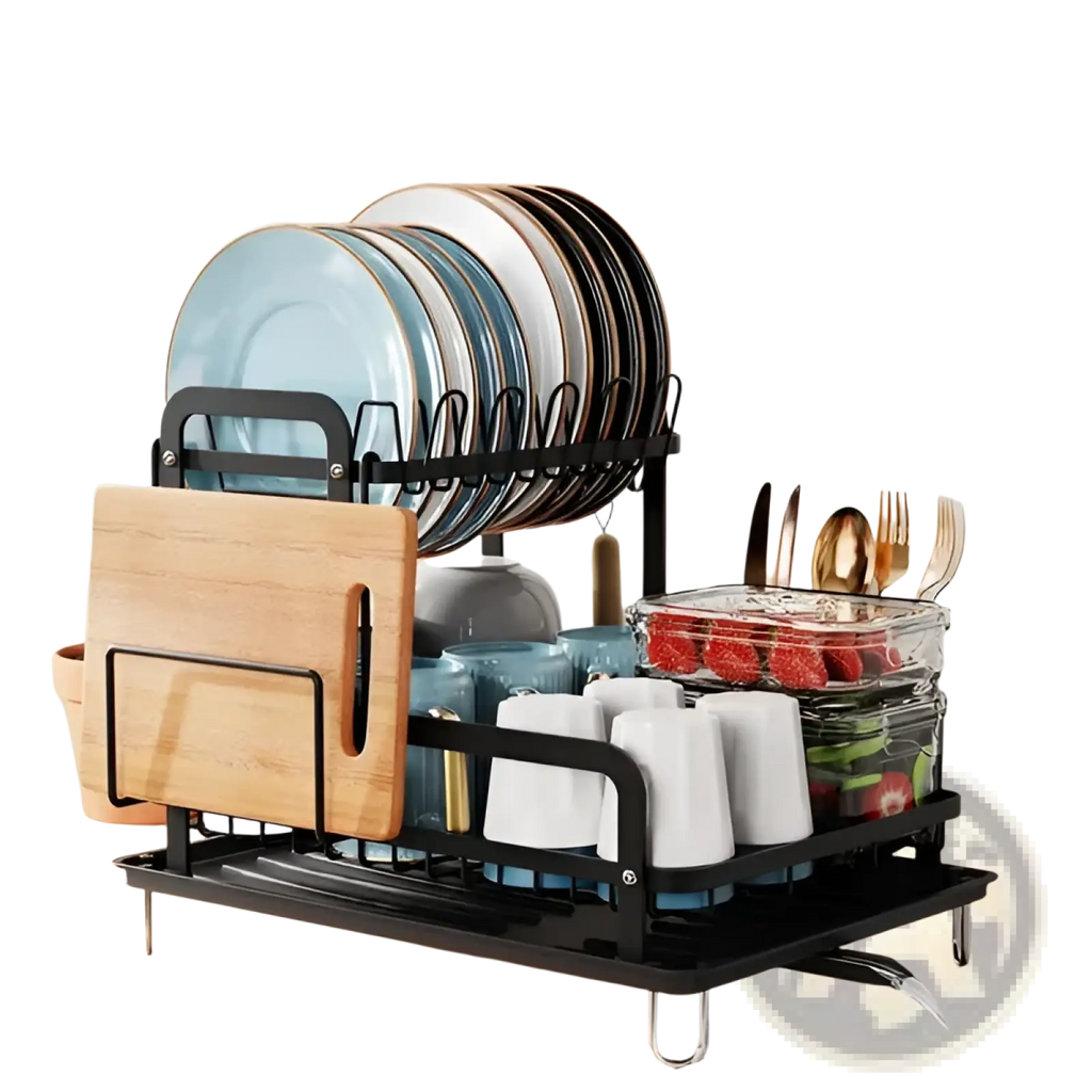 Black metal two-tier dish drying rack with wooden cutting board holder and clear glass utensil container