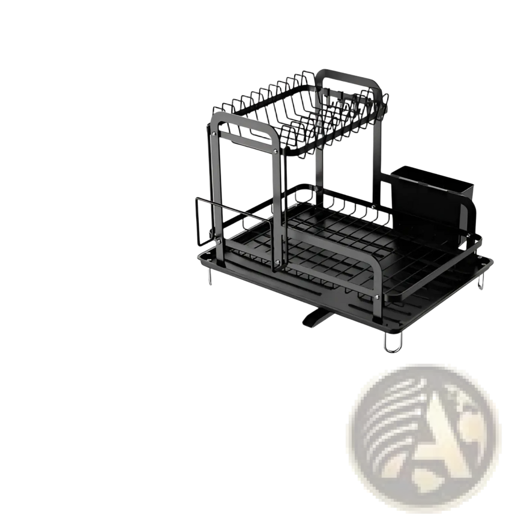 Black metal two-tier dish drying rack with rectangular basin drainboard wire mesh shelves and wood board for kitchen use
